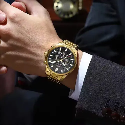 Nibosi 2512 High Quality Stainless Steel & Multifunction Chronograph Men's Watch – Dial Color: Black Gold, Strap Color: Gold – View 7